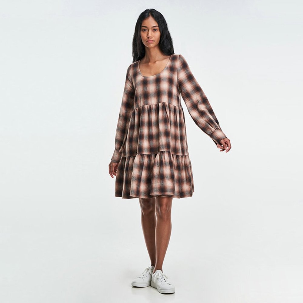 Levi's Andy Babydoll Dress Brown Plaid Flannel Tiered Pleated Long Sleeve New
